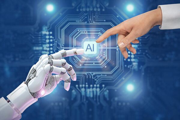 An image of a robotic hand and a human hand