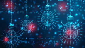 image shows illustration of two hemispheres of the brain looking like lightbulbs hanging down. Topcon has joined forces with machineMD, a medical device company focused on neurodiagnostic innovation in health care.