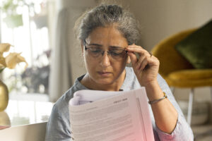 An image of an older woman squinting, indicating vision loss
