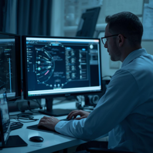 Doctor sitting at desk, reading AI information on computer.