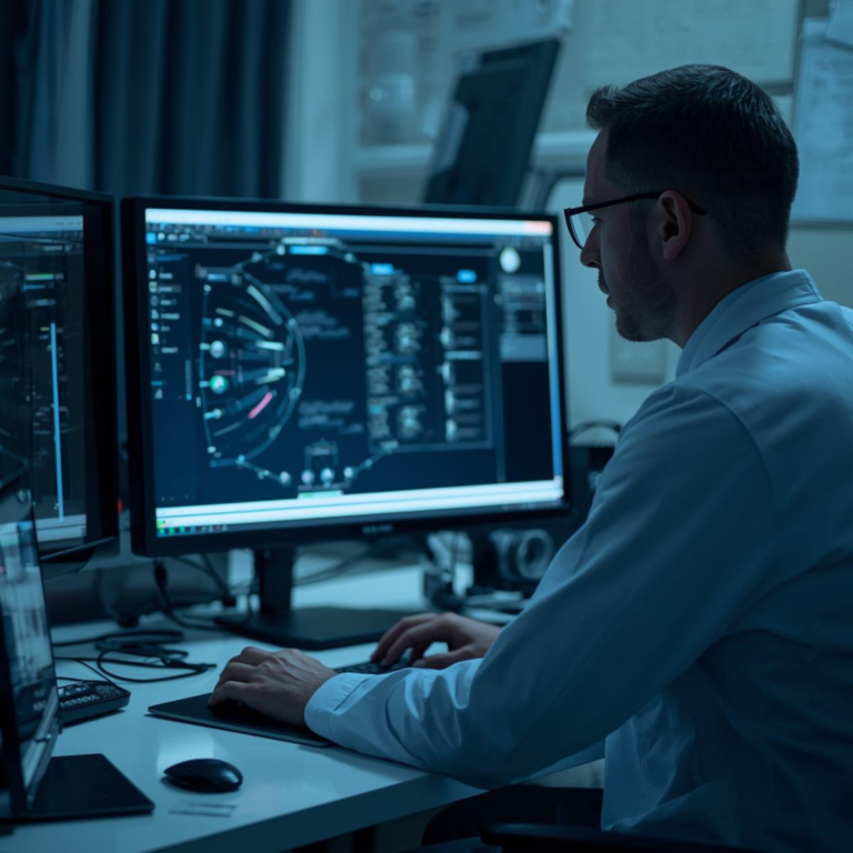 Doctor sitting at desk, reading AI information on computer.