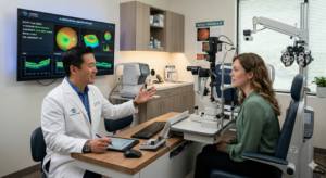 A young female patient talks to her eye doctor