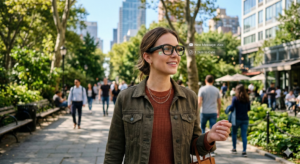 A woman walking outside wearing smartglasses