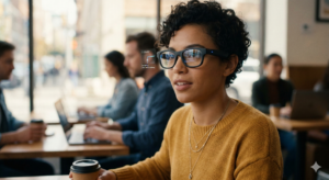 AN image of a young woman wearing smart glasses