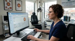 An eye doctor inputs information into an EHR 