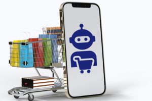 Shopping Cart full of shopping bags, and a phone with an AI bot and shopping cart.
