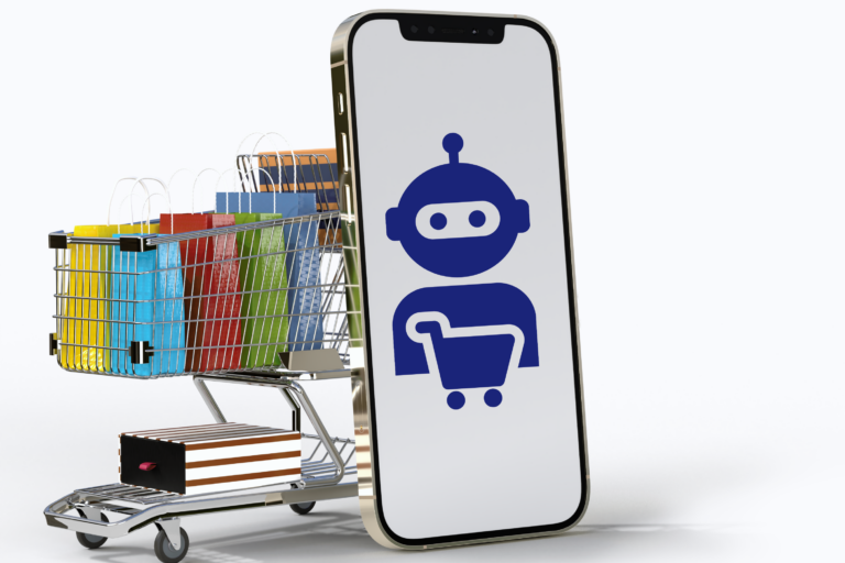 Shopping Cart full of shopping bags, and a phone with an AI bot and shopping cart.