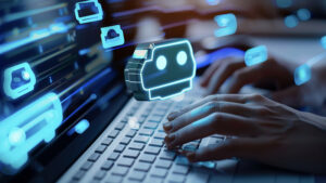 A technological graphic of someone typing into a chatbot