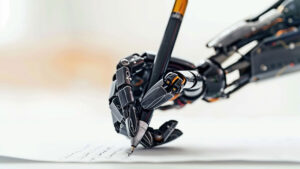 A robot hand writes things down, depicting an AI scribe