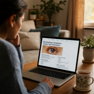 A patient searches their burning eye symptoms
