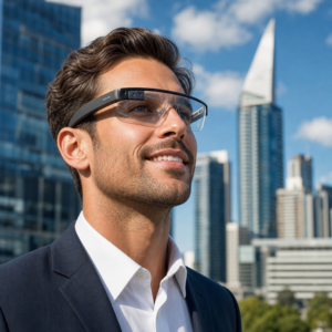 A young man wears smart glasses