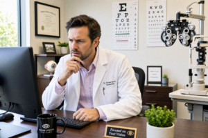 A male eye doctor looks at his computer with a confused expression
